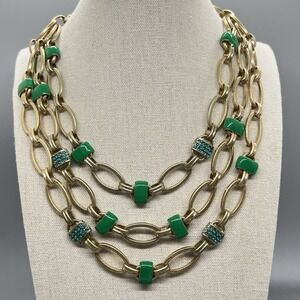 Coldwater Creek Green Enamel Blue Rhinestone Multi Strand Necklace Gold Tone